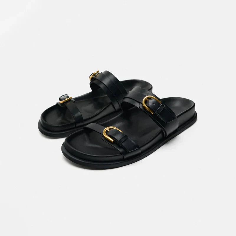 Double Strap Slide Sandals with Polished Circular Buckle Accents