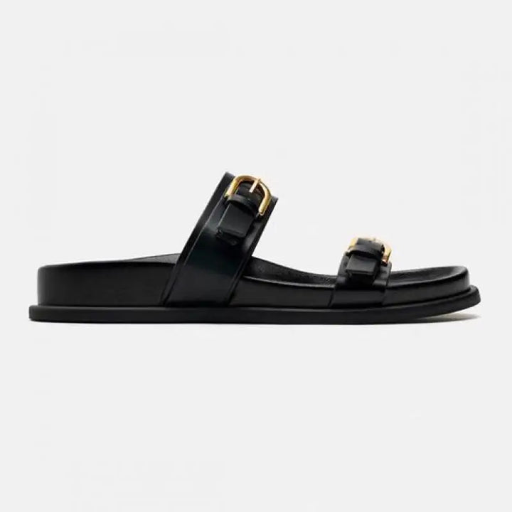 Double Strap Slide Sandals with Polished Circular Buckle Accents