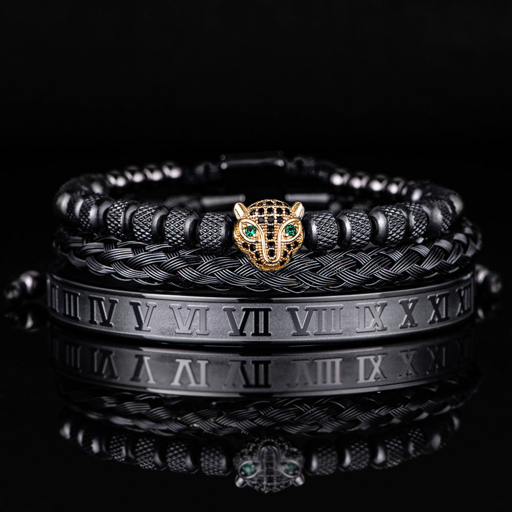 Oscar Panther Head Jeweled Cuff Bracelet Set | Textured Braided Beaded Bracelet