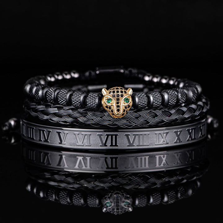 Oscar Panther Head Jeweled Cuff Bracelet Set | Textured Braided Beaded Bracelet
