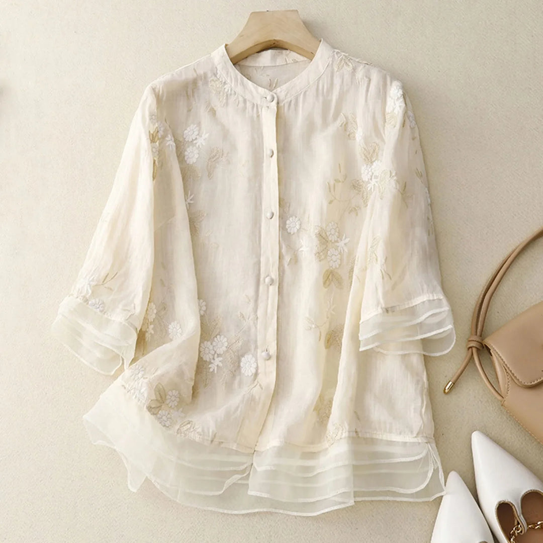 Relaxed Embroidered Blouse with Sheer Organza Accents