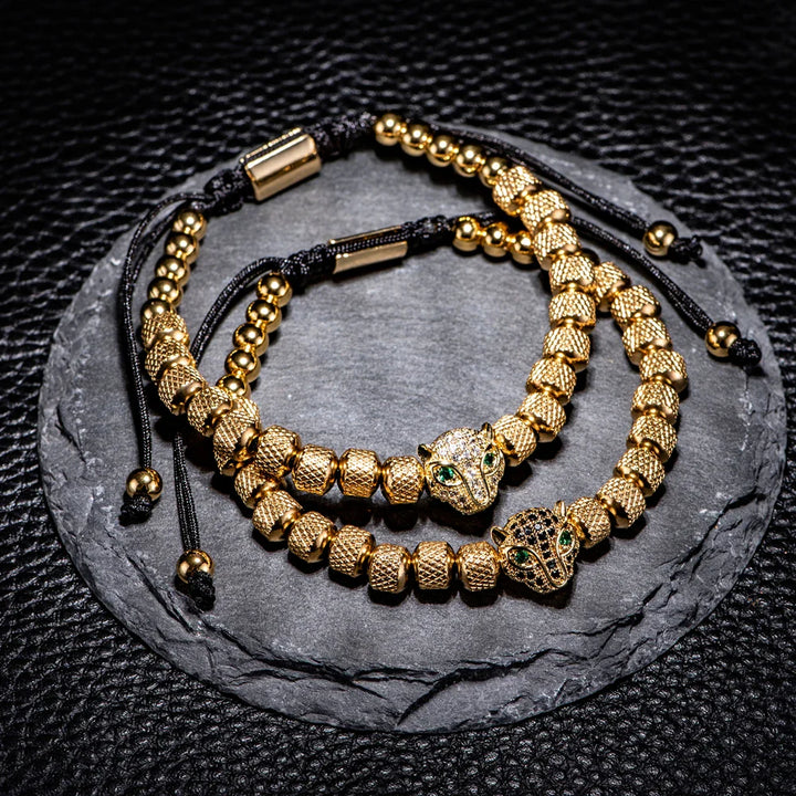 Oscar Panther Head Jeweled Cuff Bracelet Set | Textured Braided Beaded Bracelet
