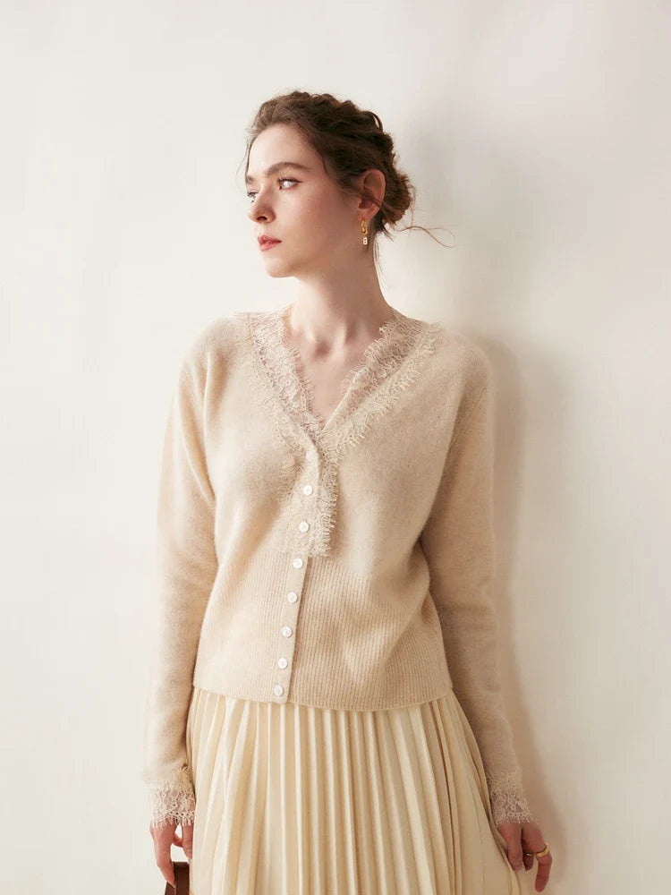 Rosie Fitted Cardigan | Lace Trim Button Front Cardigan