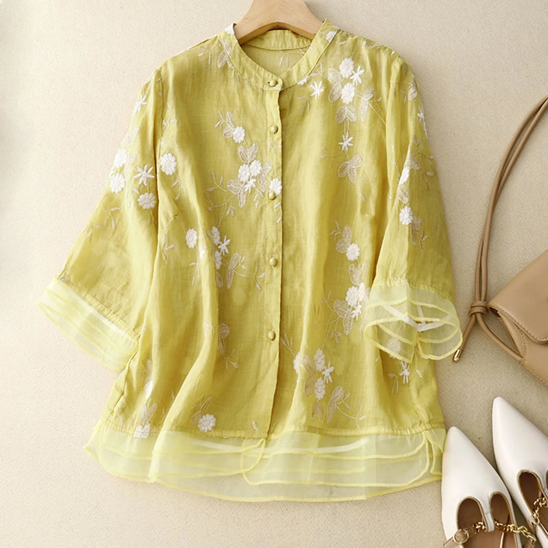 Relaxed Embroidered Blouse with Sheer Organza Accents