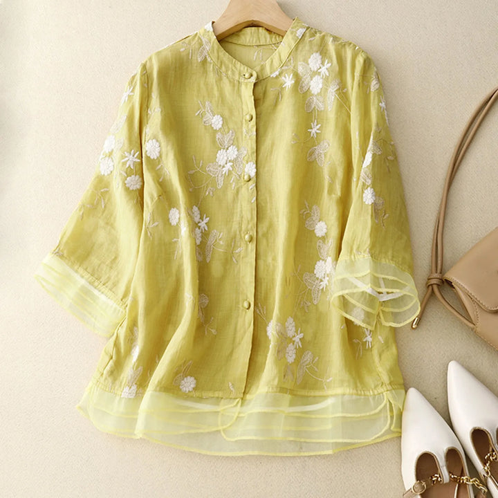 Relaxed Embroidered Blouse with Sheer Organza Accents