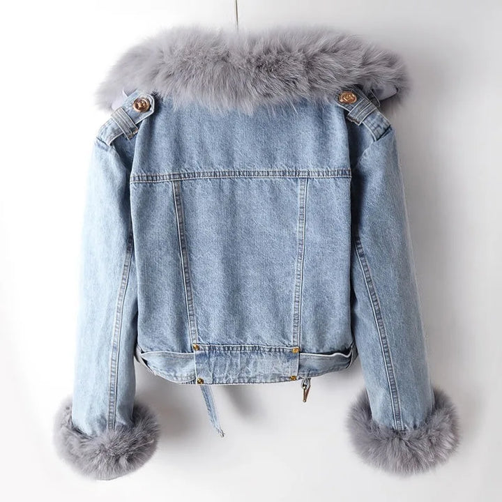 Siena Fox Fur Trim Lined Biker Jacket | Belted Hip-Length Jacket