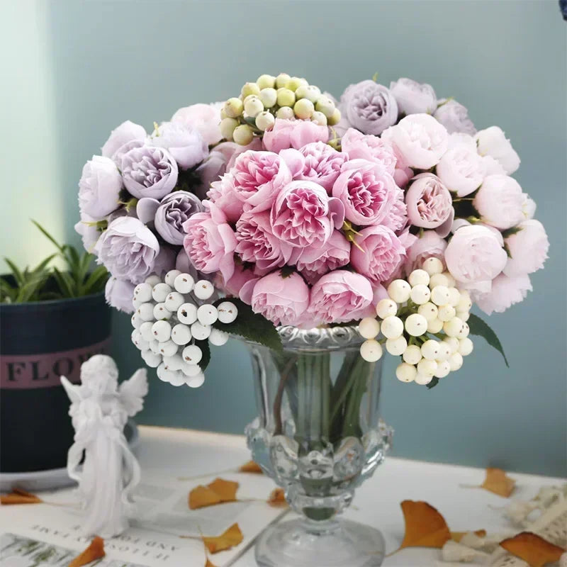 Classic Silk Peony Bouquet With Glass Vase