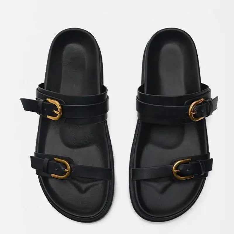 Double Strap Slide Sandals with Polished Circular Buckle Accents