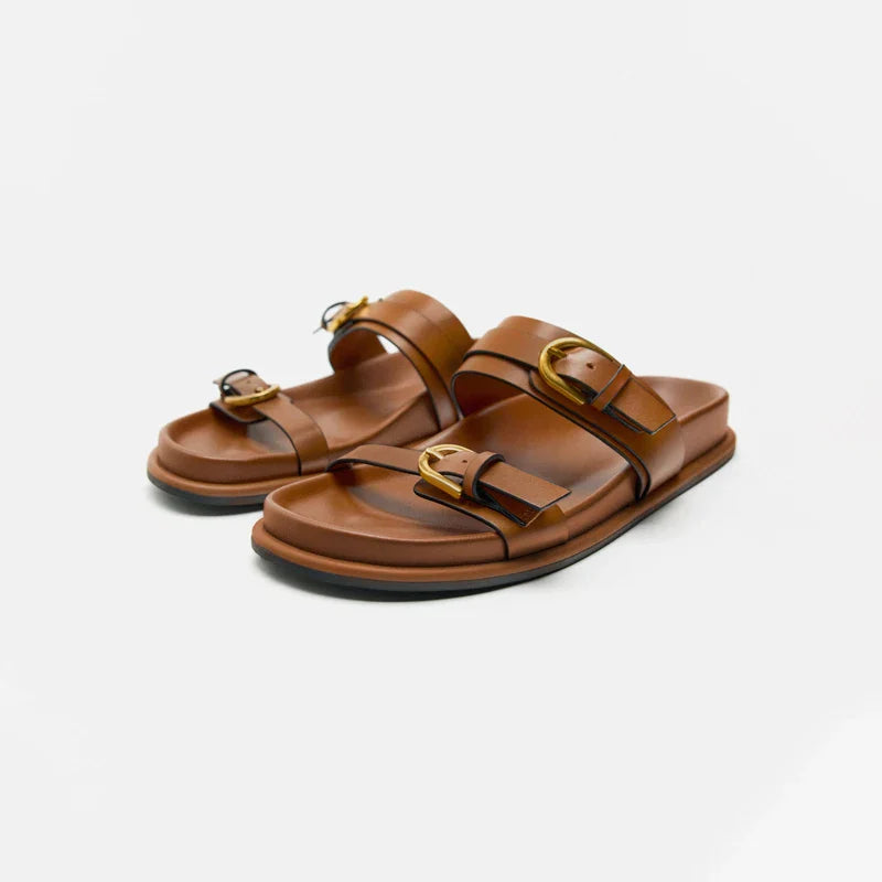 Double Strap Slide Sandals with Polished Circular Buckle Accents