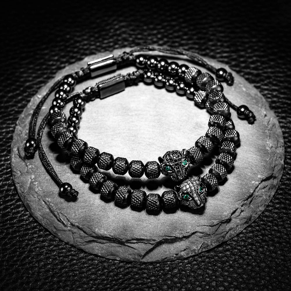 Oscar Panther Head Jeweled Cuff Bracelet Set | Textured Braided Beaded Bracelet