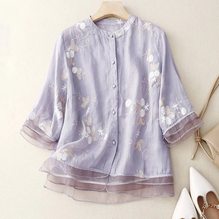 Relaxed Embroidered Blouse with Sheer Organza Accents
