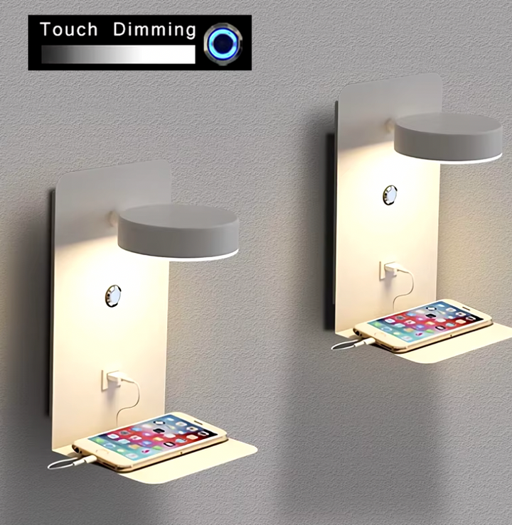 Minimalist LED Wall Lamp with USB Charger and Shelf