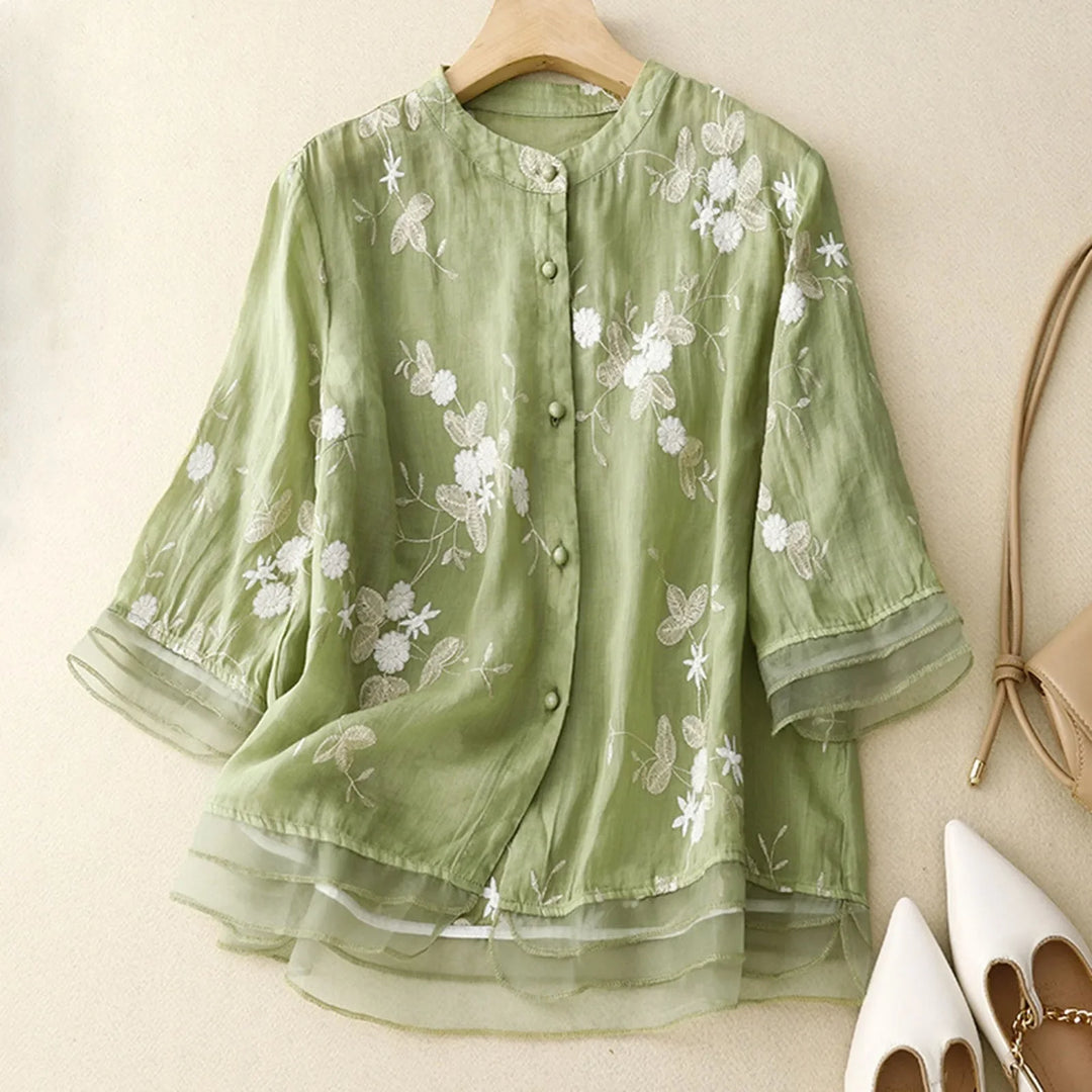 Relaxed Embroidered Blouse with Sheer Organza Accents