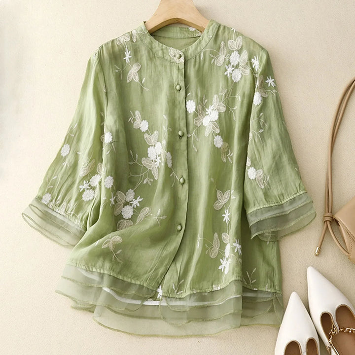 Relaxed Embroidered Blouse with Sheer Organza Accents