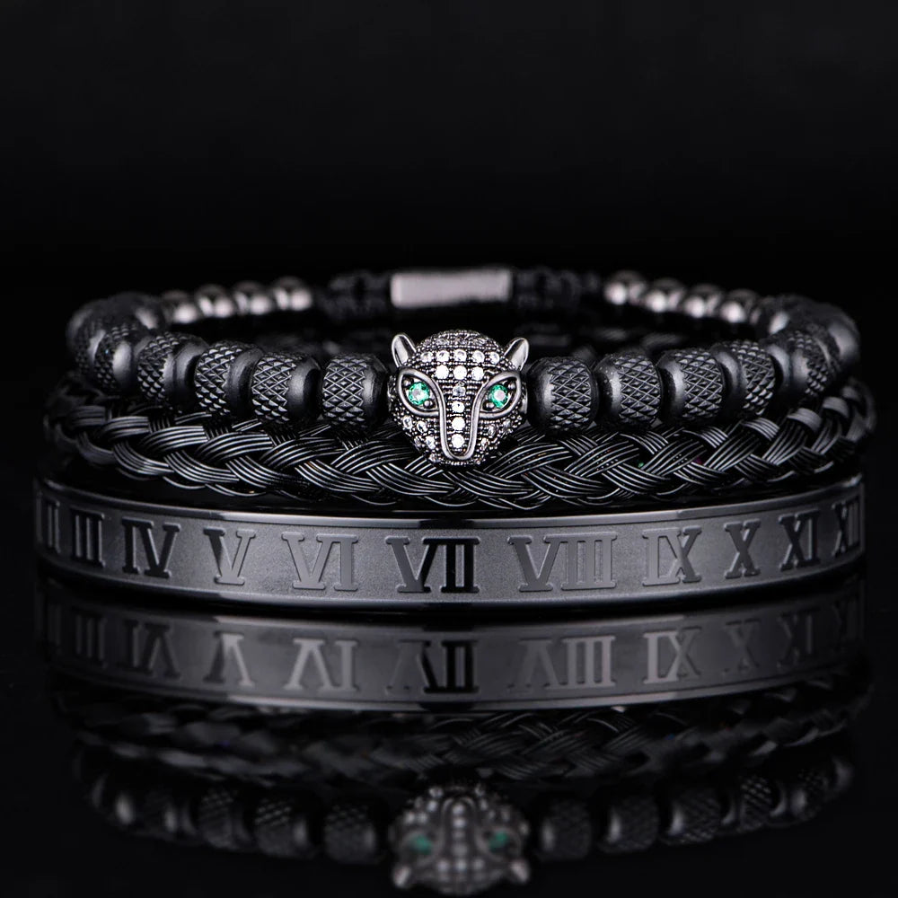 Oscar Panther Head Jeweled Cuff Bracelet Set | Textured Braided Beaded Bracelet