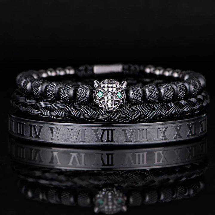 Oscar Panther Head Jeweled Cuff Bracelet Set | Textured Braided Beaded Bracelet