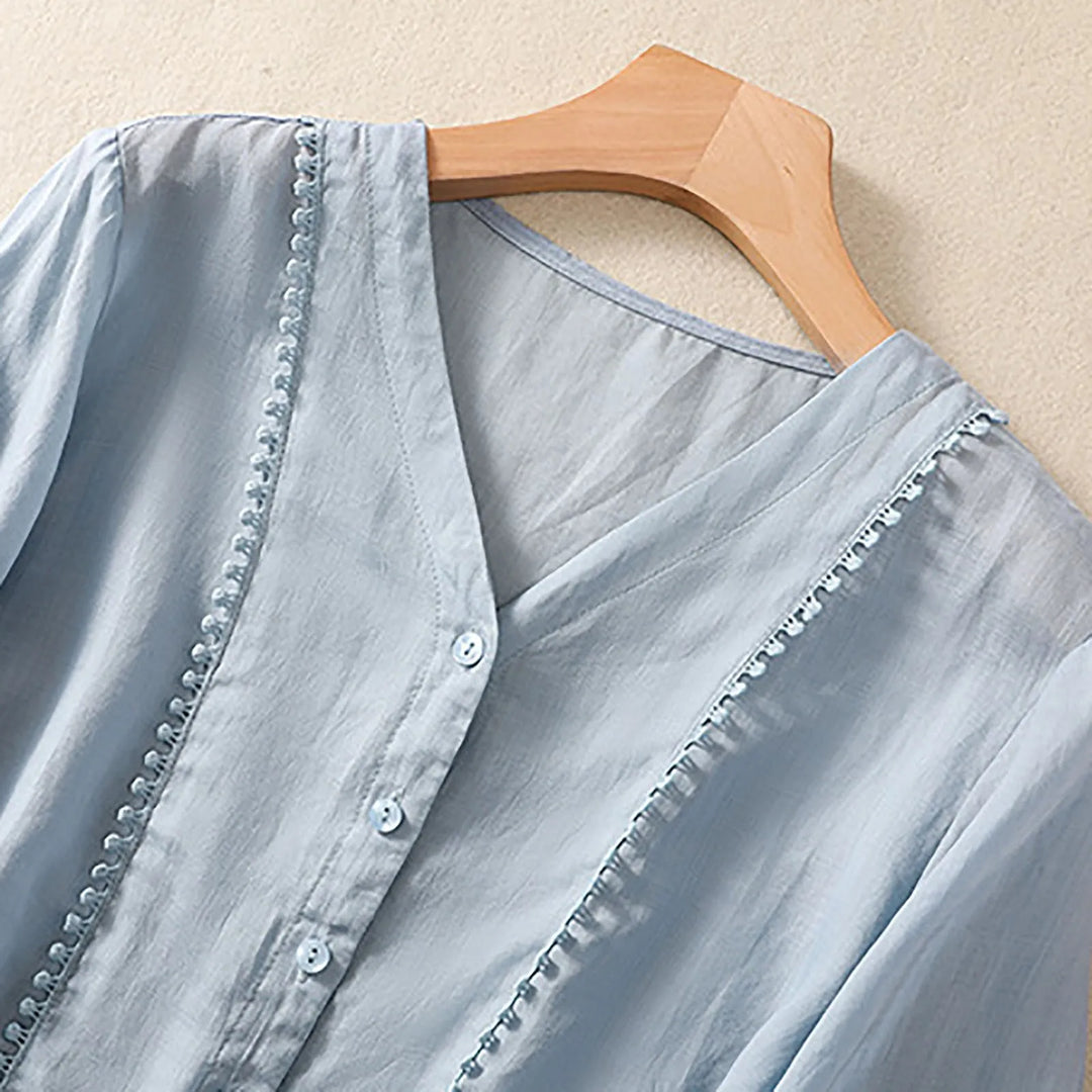 Marabel Relaxed Button-Up Blouse with Lace Trim Details