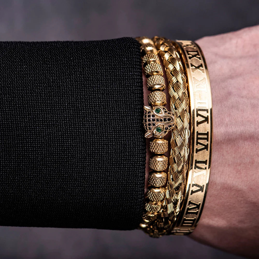 Oscar Panther Head Jeweled Cuff Bracelet Set | Textured Braided Beaded Bracelet
