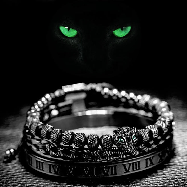 Oscar Panther Head Jeweled Cuff Bracelet Set | Textured Braided Beaded Bracelet