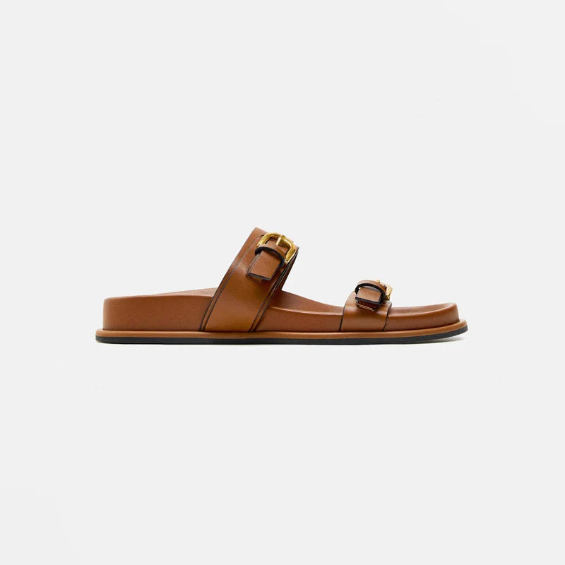 Double Strap Slide Sandals with Polished Circular Buckle Accents