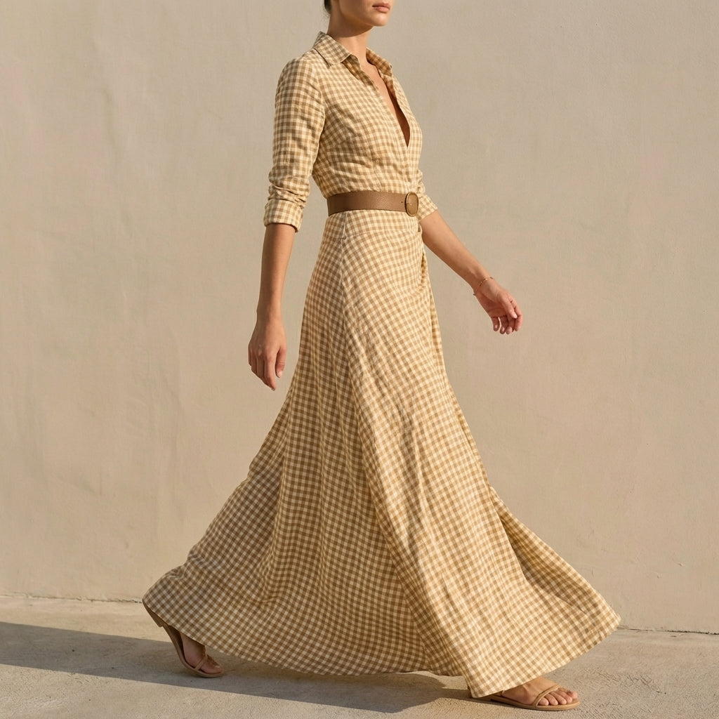 Checkered Maxi Dress with Collared Neckline and Tailored Waist
