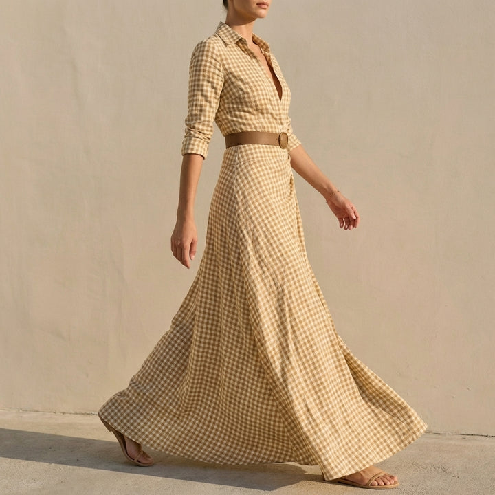 Checkered Maxi Dress with Collared Neckline and Tailored Waist
