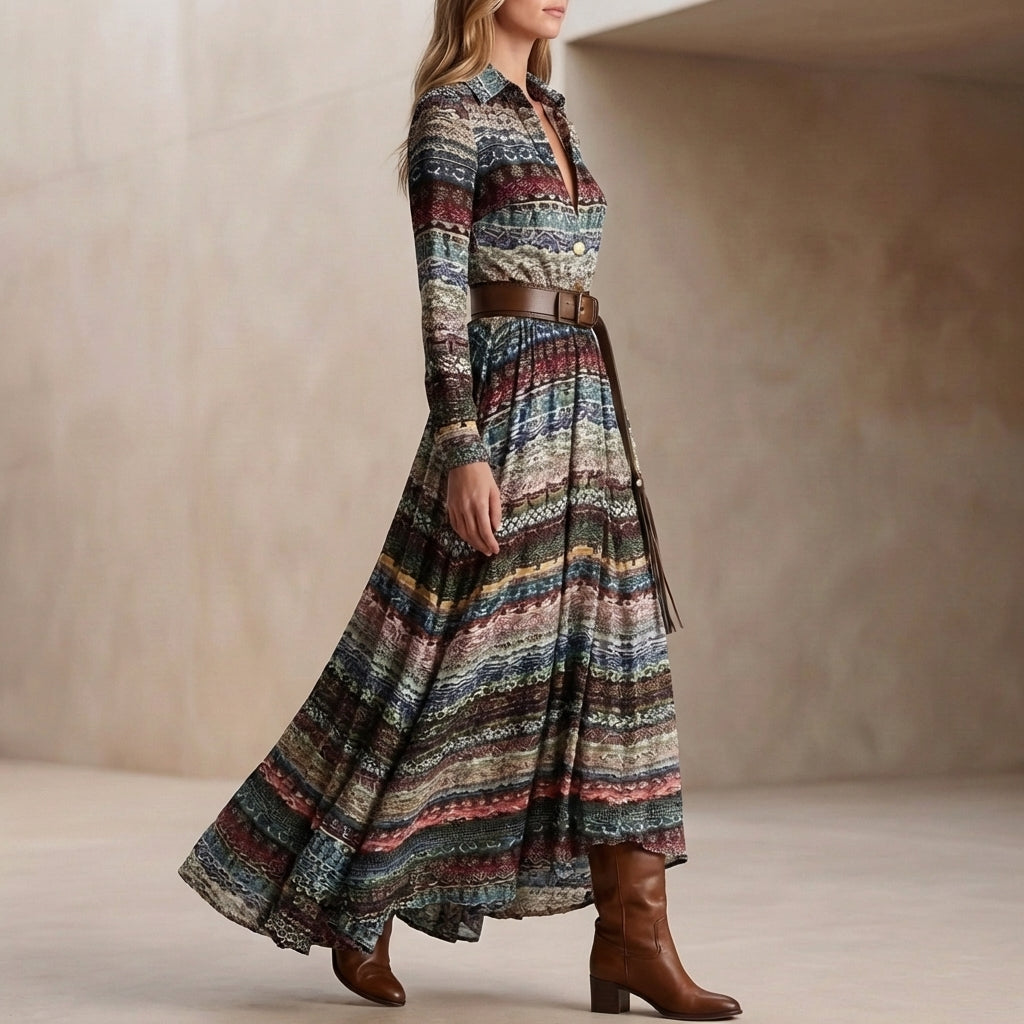 Printed Belted Maxi Dress with Collared Neckline and Flowing A-Line Silhouette