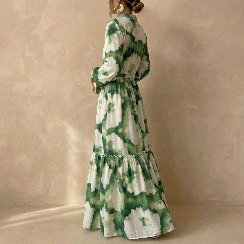 Flowing Maxi Dress with V-Neck, Drawstring Waist, and Tiered Ruffles