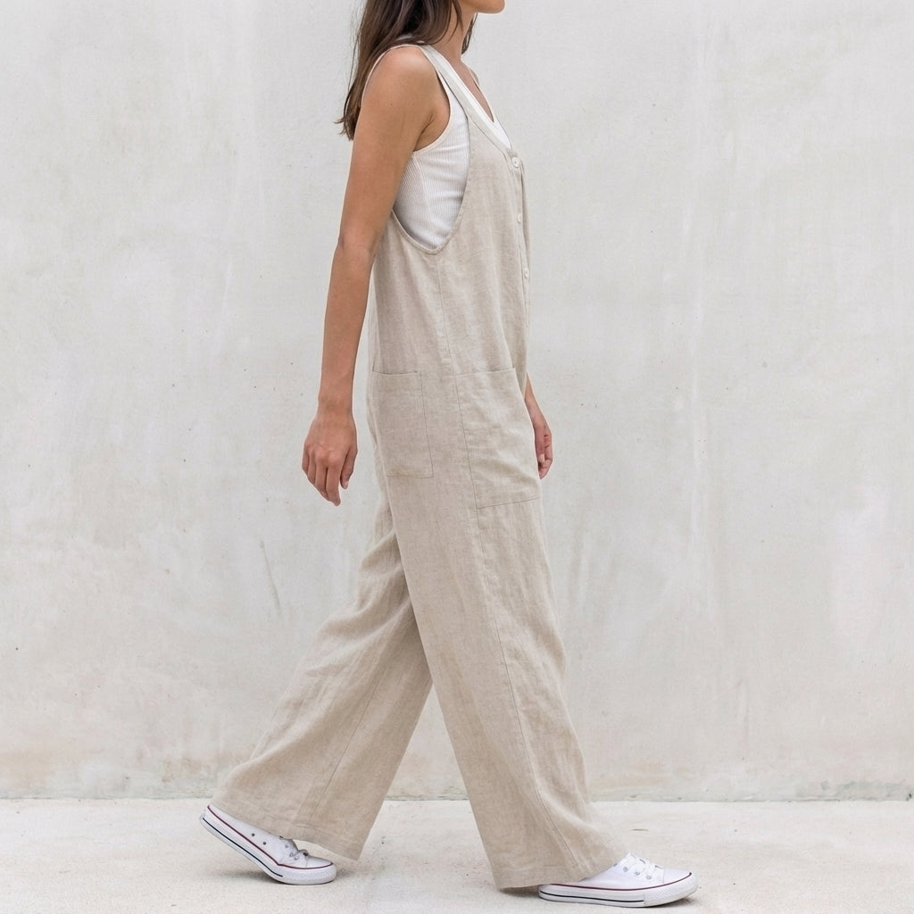 Relaxed Wide-Leg Jumpsuit with Button Front and Oversized Pocket Detail