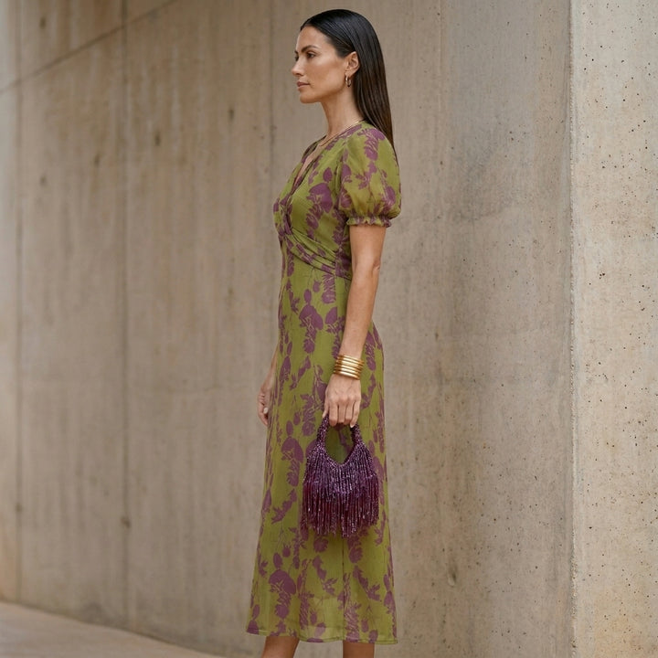 Elegant Floral Maxi Dress with Ruched Wrap Bodice and Puff Sleeves