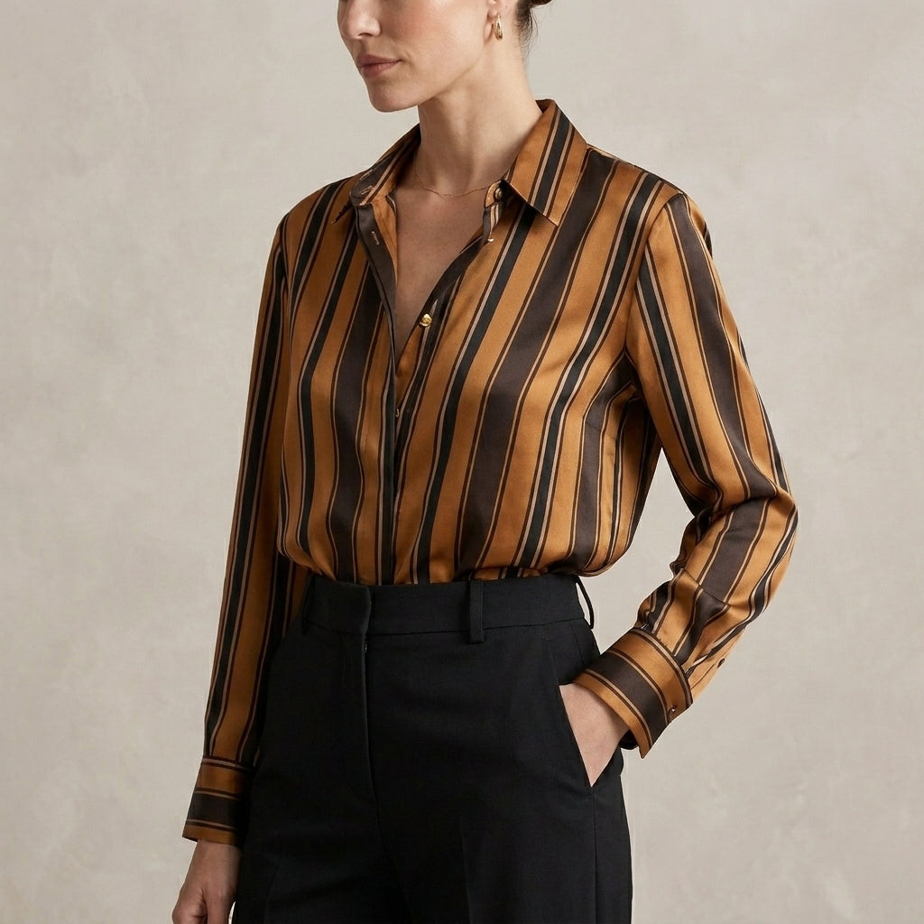 Satin-Finish Relaxed Fit Striped Collared Blouse with V-Neckline