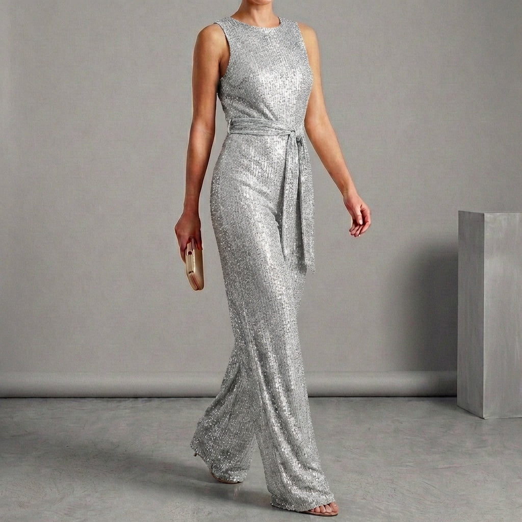 Sequin-Embellished Wide-Leg Jumpsuit with Self-Tie Belt