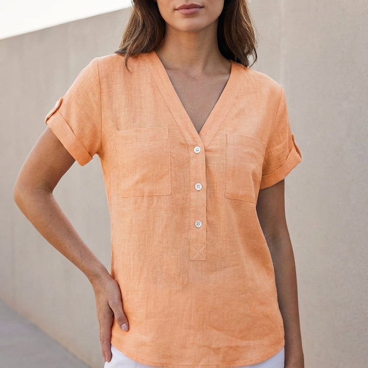 Relaxed Top with Split Neckline and Button Detail