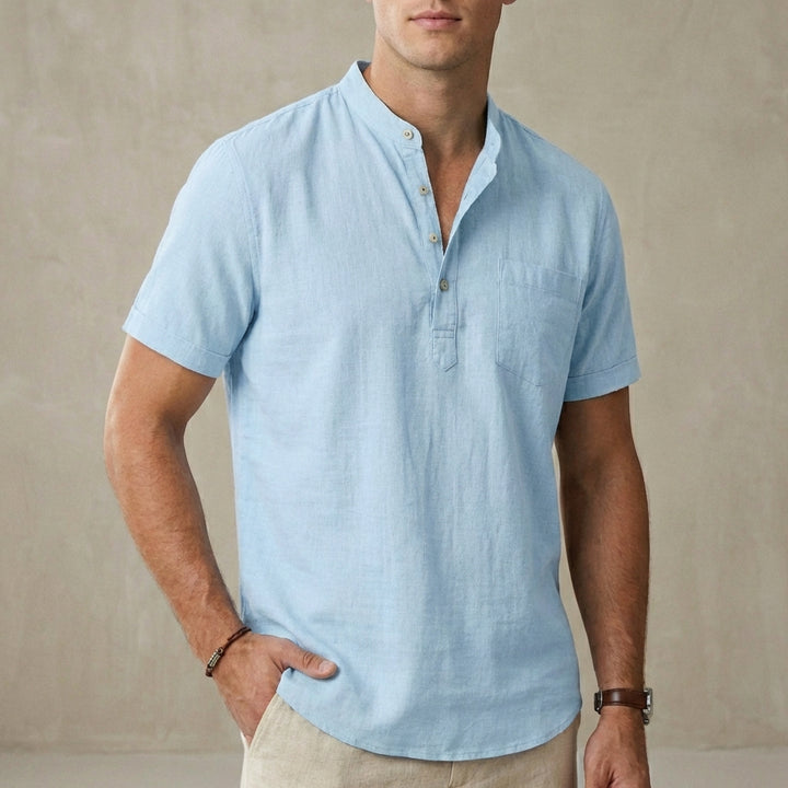 Relaxed Mandarin Collar Shirt with Button Placket and Chest Pocket