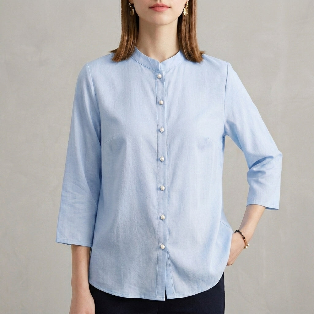 Relaxed Button Front Blouse with Mandarin Collar