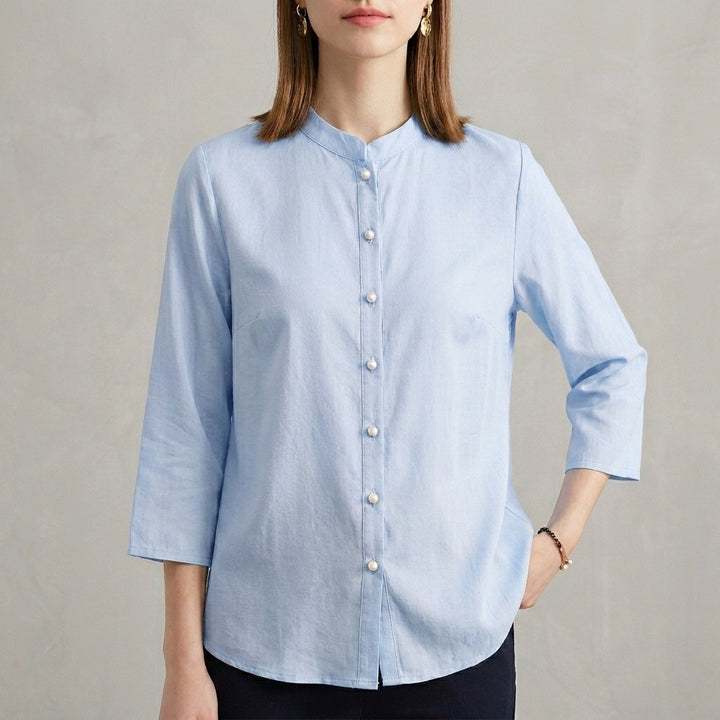 Relaxed Button Front Blouse with Mandarin Collar