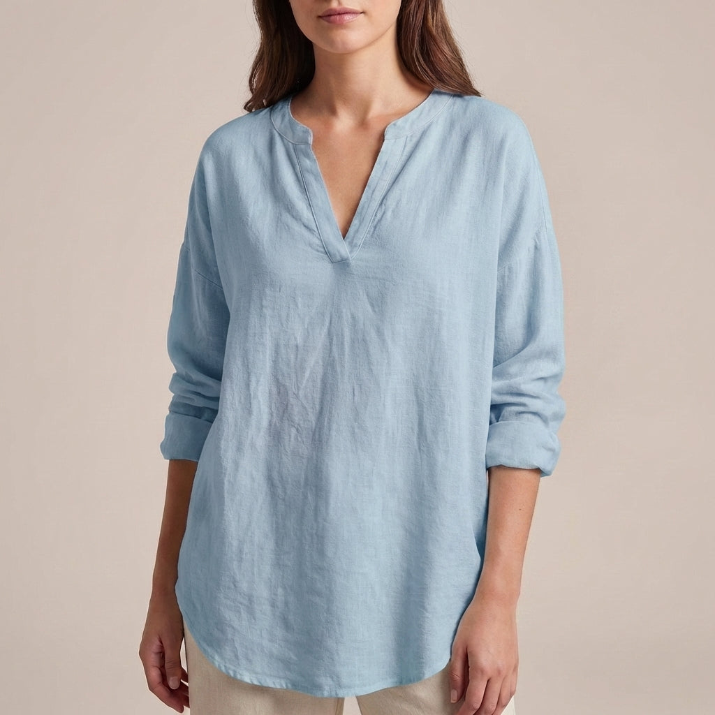 Relaxed-Fit Tunic Blouse with Split V-Neck and Curved Hem