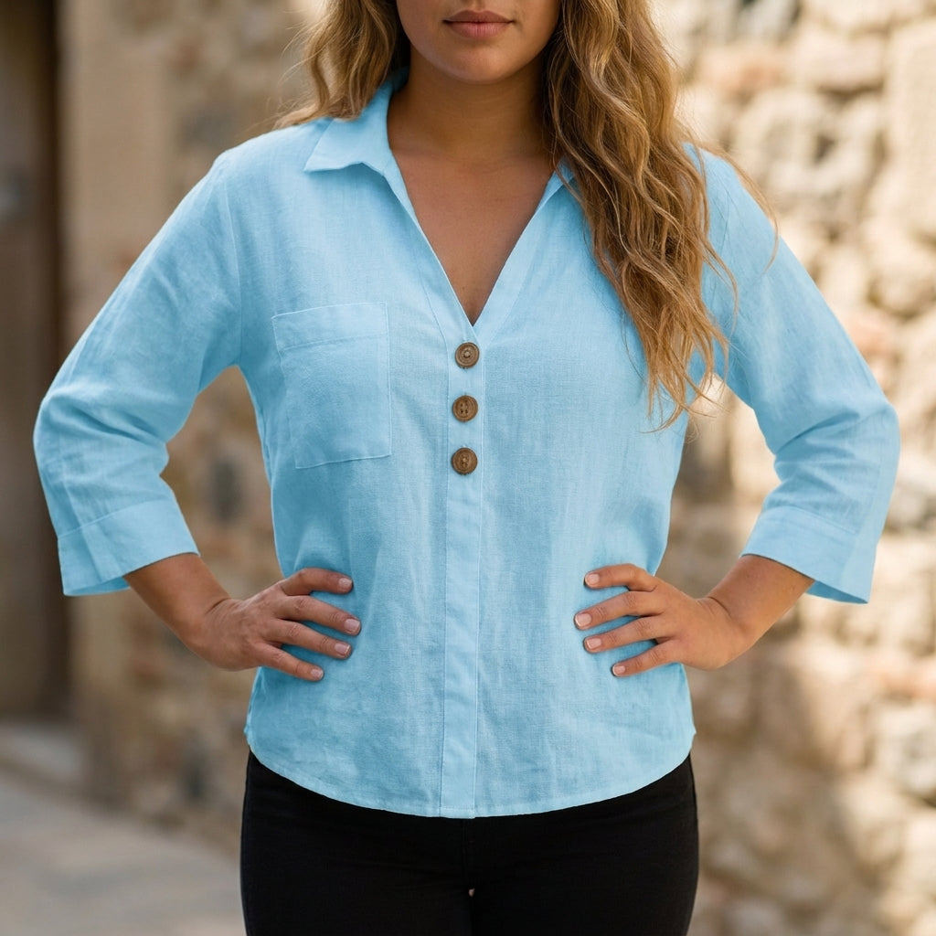 Relaxed Button Detail Blouse with Open Collar Neckline