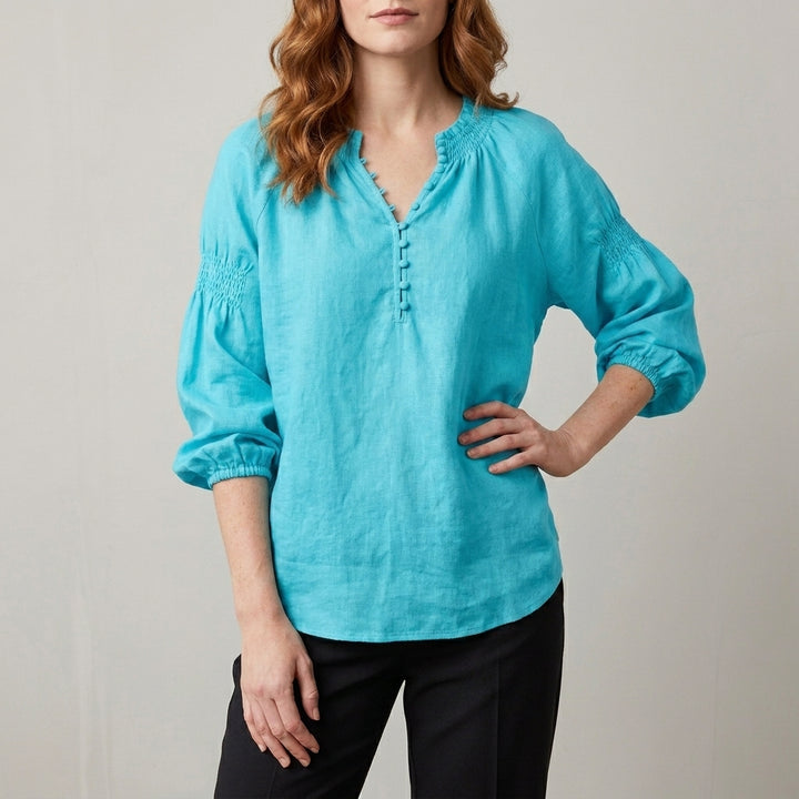 Relaxed Peasant Blouse with Gathered Neckline and Balloon Sleeves