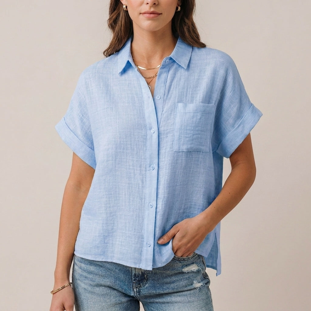 Relaxed Fit Collared Button-Up Shirt with Rolled Sleeves Design