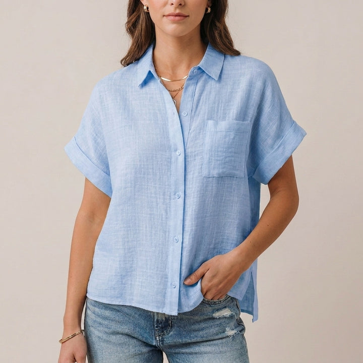 Relaxed Fit Collared Button-Up Shirt with Rolled Sleeves Design
