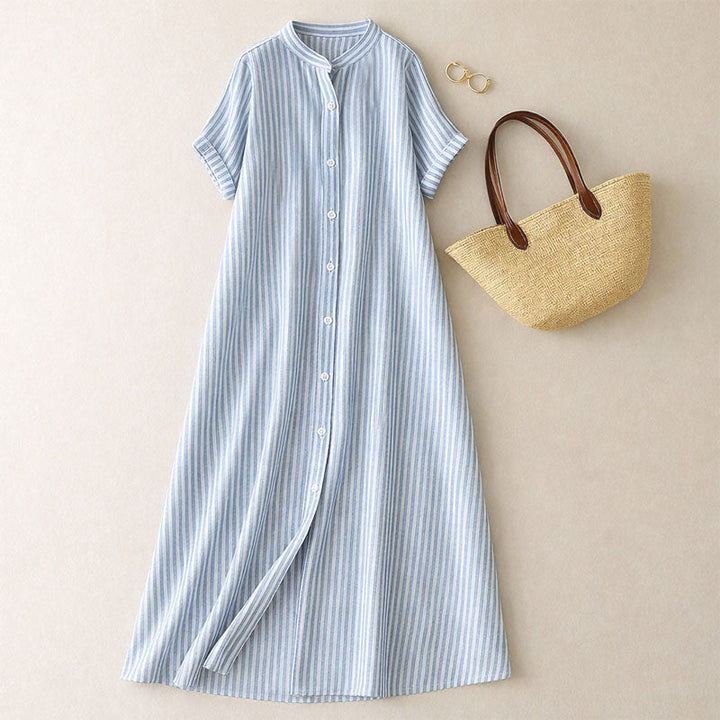 Flowing Striped Maxi Dress with Button Front and Mandarin Collar