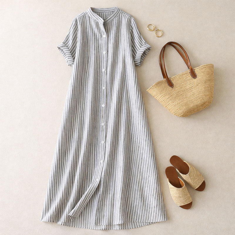 Flowing Striped Maxi Dress with Button Front and Mandarin Collar