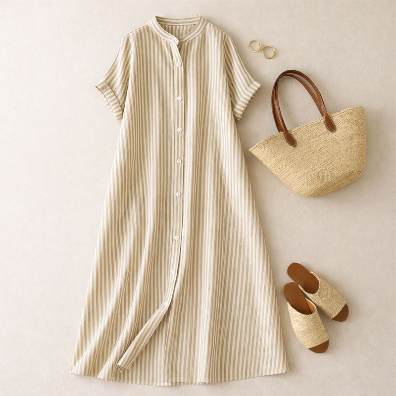 Flowing Striped Maxi Dress with Button Front and Mandarin Collar
