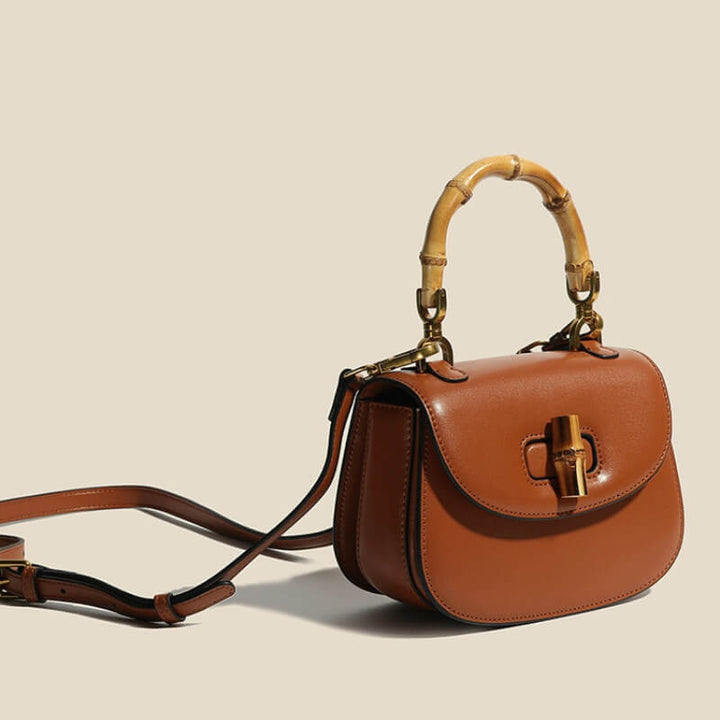 Bamboo Handle Structured Crossbody Satchel with Signature Turn Lock