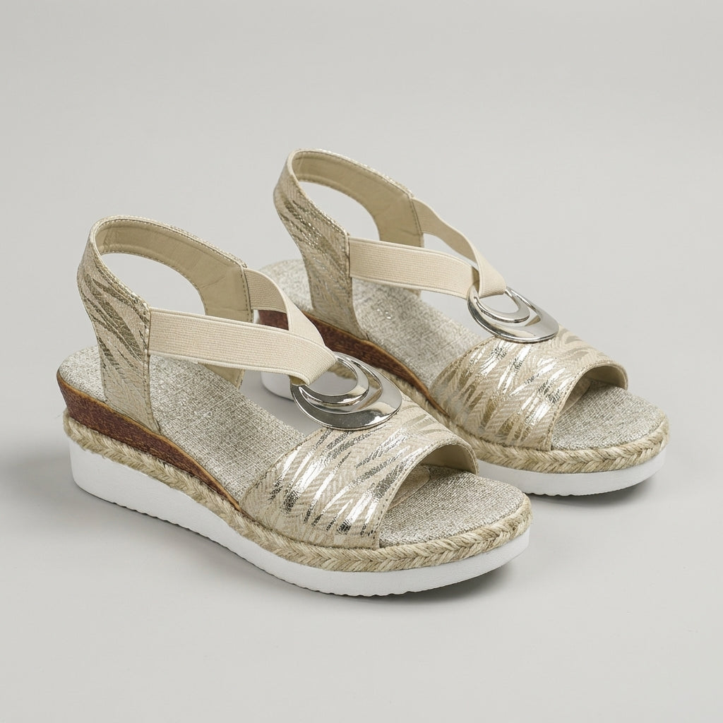 Metal Accent Slingback Wedge Sandals with Textured Cross Straps