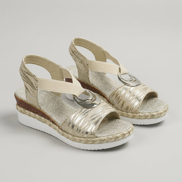 Metal Accent Slingback Wedge Sandals with Textured Cross Straps