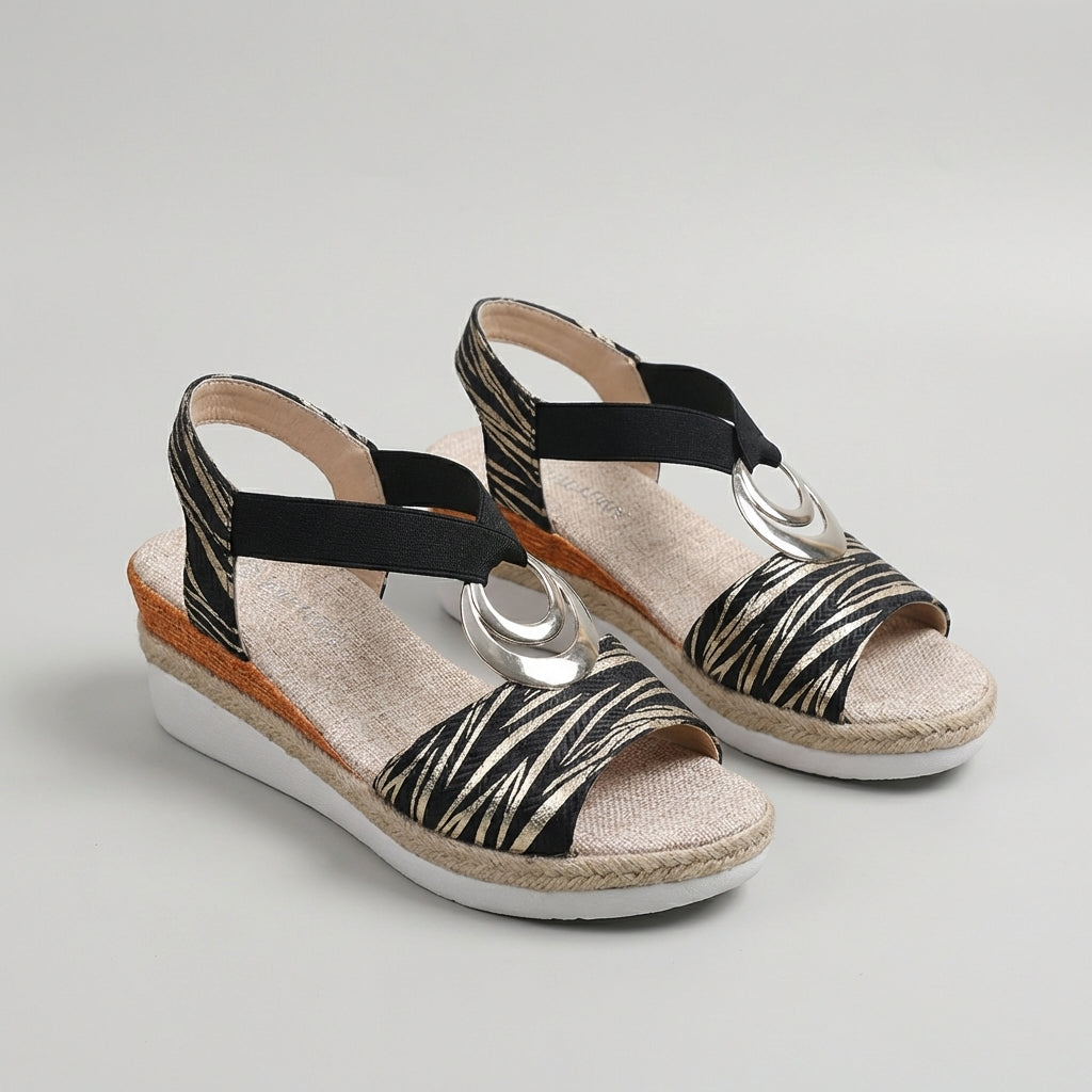 Metal Accent Slingback Wedge Sandals with Textured Cross Straps