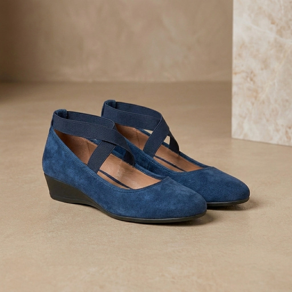Comfort Ballet Flats with Cross Strap Detail and Low Wedge Heel