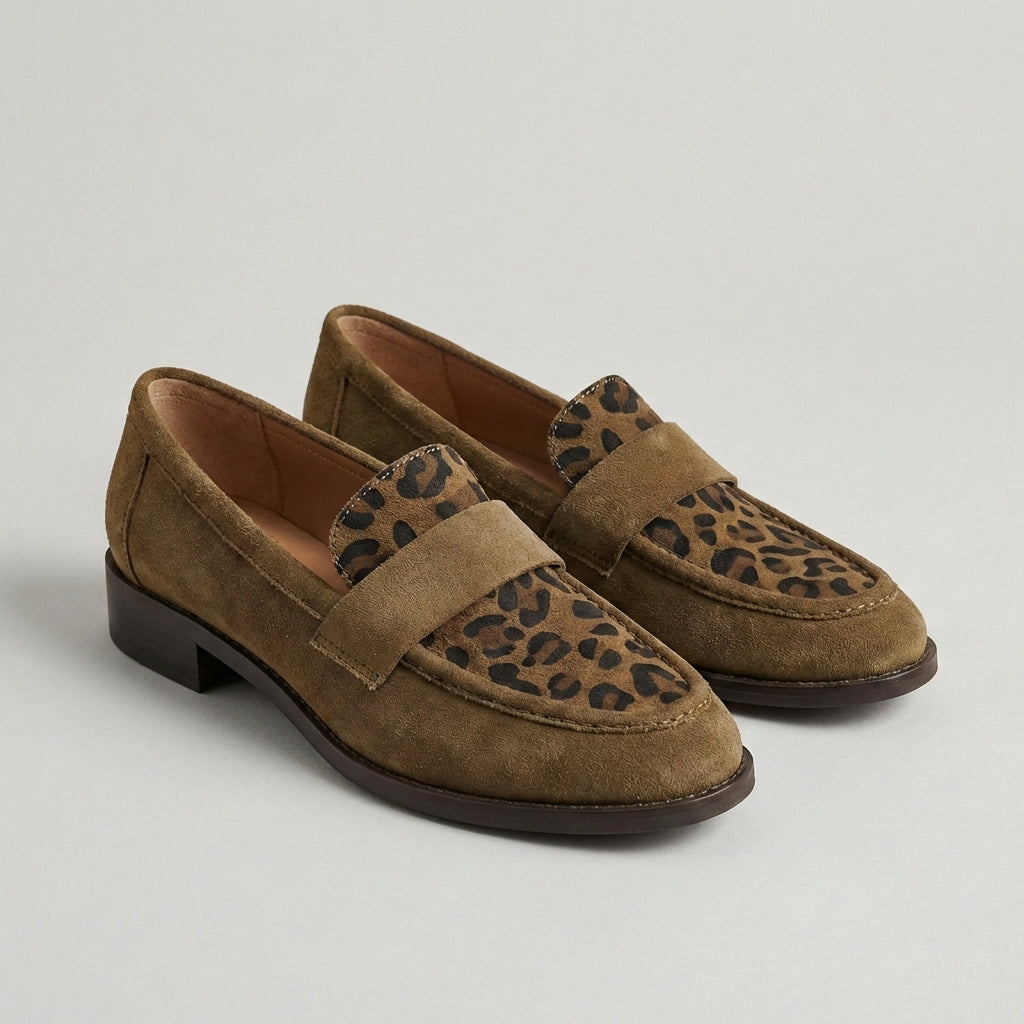 Leopard Accent Penny Loafers with Refined Suede Finish